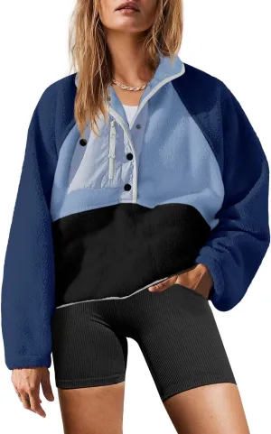 Yanekop Womens Fuzzy Fleece Pullover Sherpa Sweatshirt Long Sleeve Button Down Sweater Jacket with Pockets
