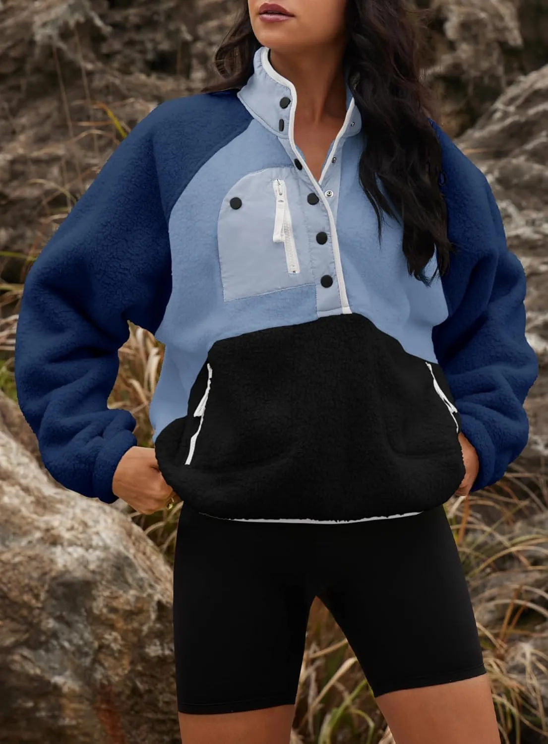 Yanekop Womens Fuzzy Fleece Pullover Sherpa Sweatshirt Long Sleeve Button Down Sweater Jacket with Pockets