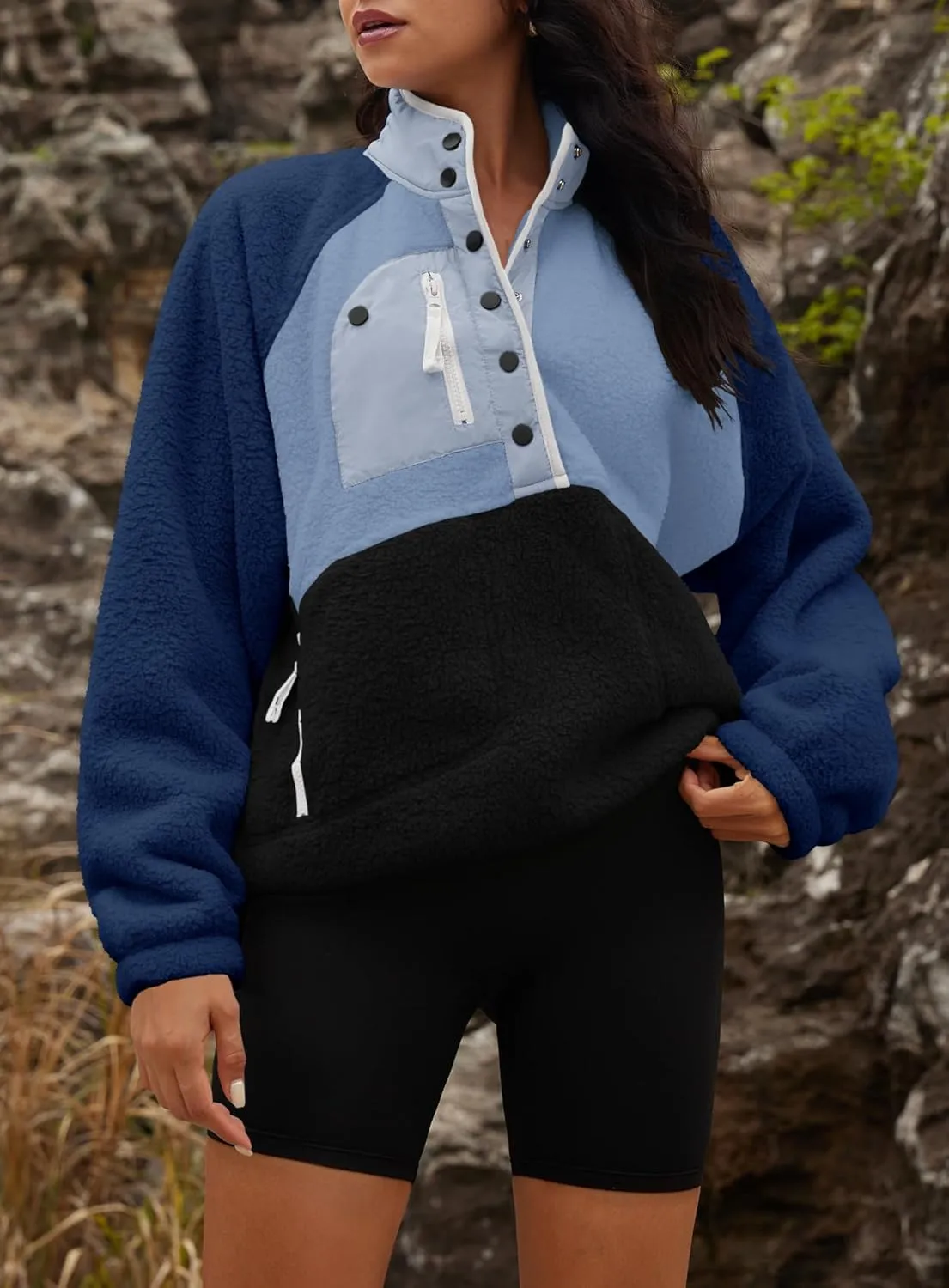 Yanekop Womens Fuzzy Fleece Pullover Sherpa Sweatshirt Long Sleeve Button Down Sweater Jacket with Pockets