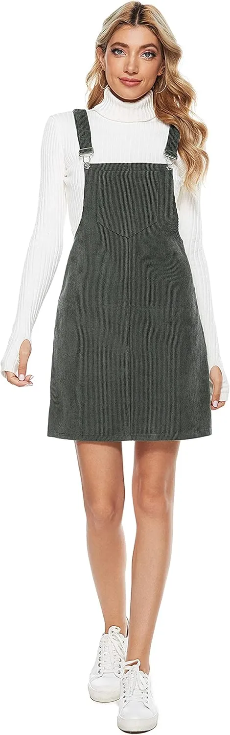Yeokou Womens Casual Corduroy Bib Knee Length Overalls Pinafore Midi Dress Jumpsuit