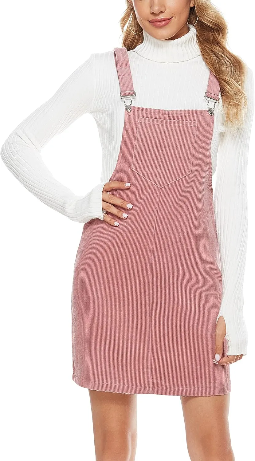 Yeokou Womens Casual Corduroy Bib Knee Length Overalls Pinafore Midi Dress Jumpsuit