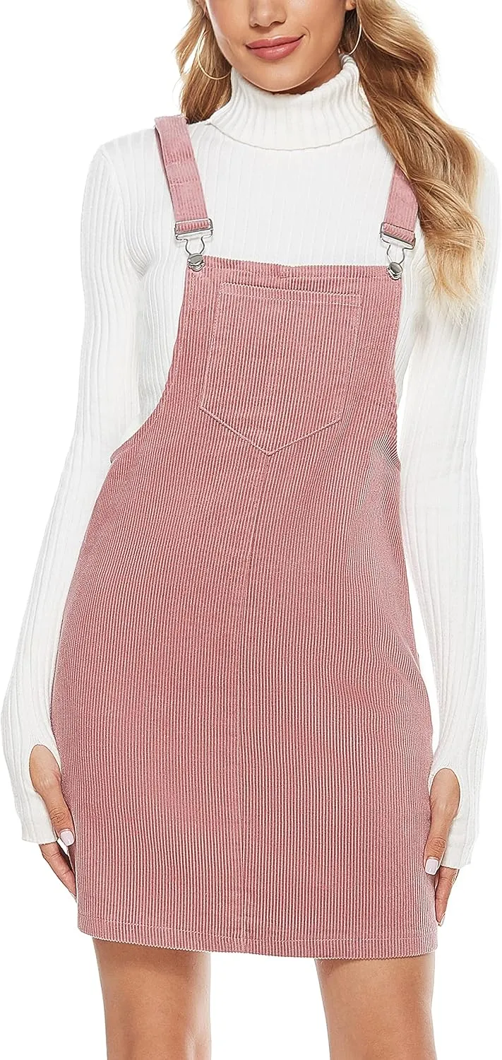 Yeokou Womens Casual Corduroy Bib Knee Length Overalls Pinafore Midi Dress Jumpsuit