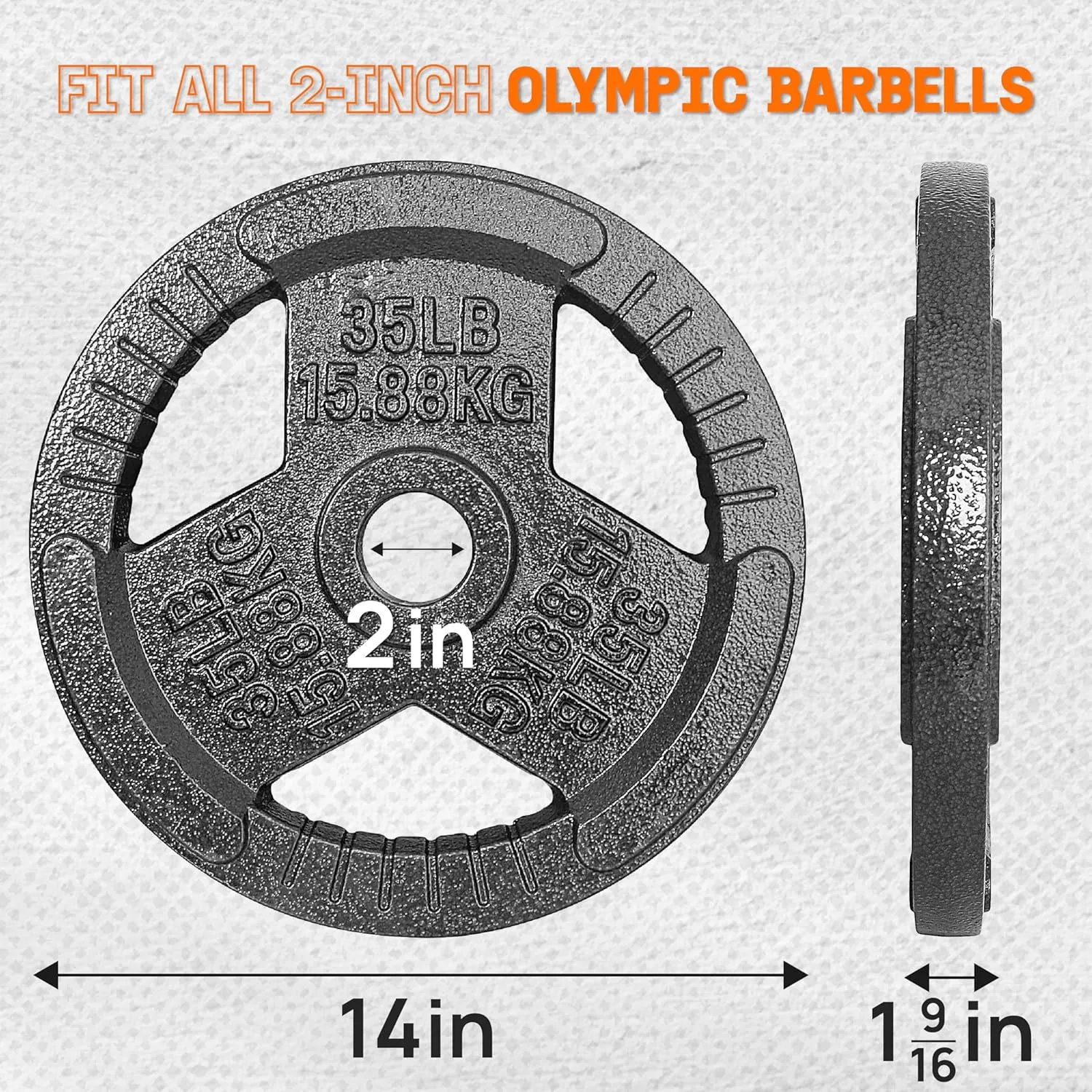 Yes4All Tri-Grip Handles Cast Iron Olympic Weight Plates, 2-Inch Weight Plates for Weight Lifting with Smooth and Durable Finish, Suitable for Strength Training Exercises (Single, Pair and Set)