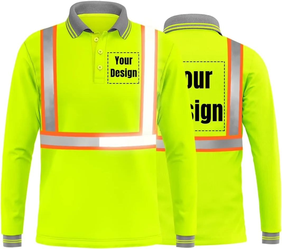 YOWESHOP Hi-Vis Safety T-Shirt Add Your Design Long Sleeve Workout Polo Shirts with Reflective Strips (XL, Neon Yellow - Style 3)
