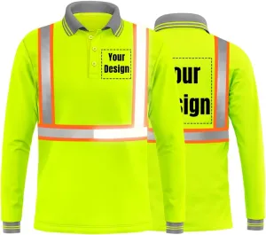 YOWESHOP Hi-Vis Safety T-Shirt Add Your Design Long Sleeve Workout Polo Shirts with Reflective Strips (XL, Neon Yellow - Style 3)