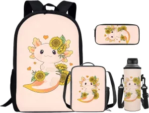 Ystardream 4PCS Sunflower Axolotl Backpack for Girls 10-12 Cartoon School Backpacks for Girls Kindergarten Elementary Preschool Middle Kids School Bags with Lunch Box Pencil Case Cup Sleeve Set