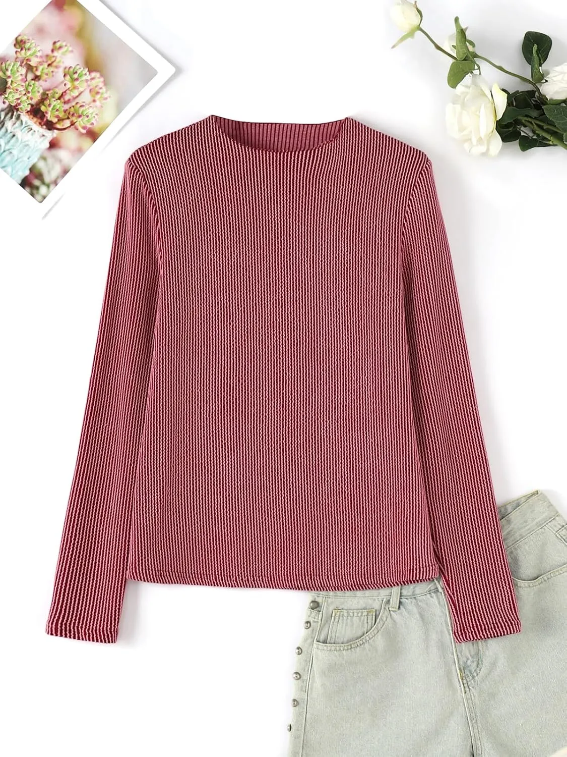 ZANZEA Long Sleeve Lettuce Trim Mock Neck Shirts for Women Slim Fitted Stretchy Ribbed Knit Tops Casual Basic Tee Shirts