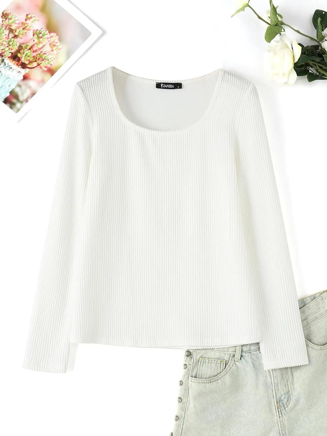 ZANZEA Long Sleeve Lettuce Trim Mock Neck Shirts for Women Slim Fitted Stretchy Ribbed Knit Tops Casual Basic Tee Shirts