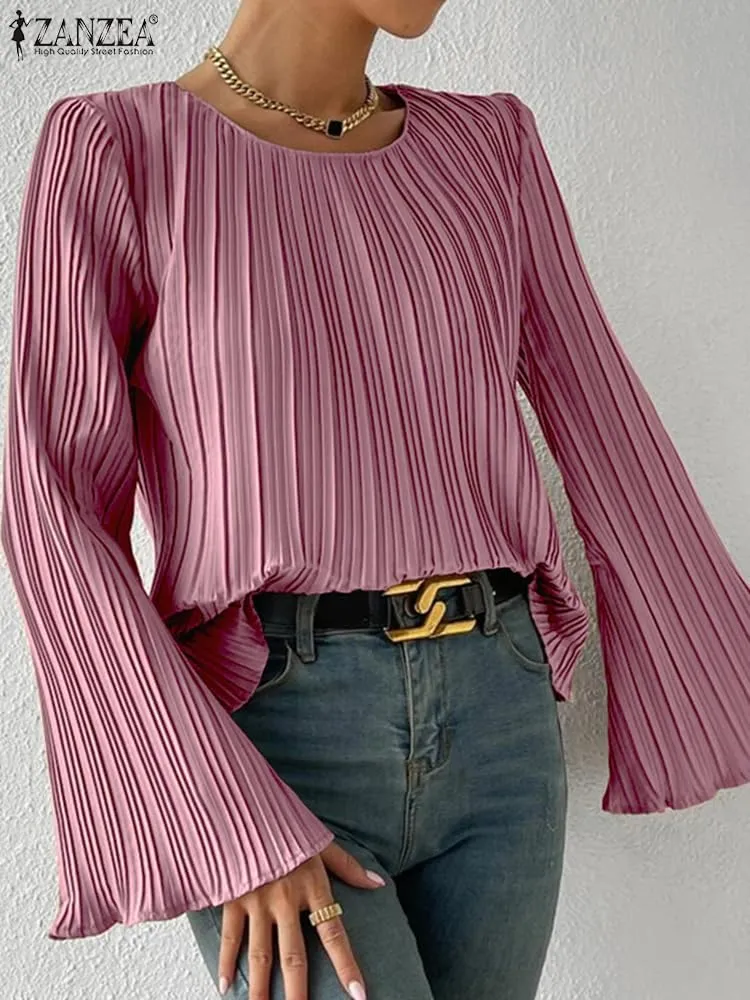 ZANZEA Women's Bell Long Sleeve Tops Lettuce Trim Pleated Loose Fit Shirt 70S Blouse