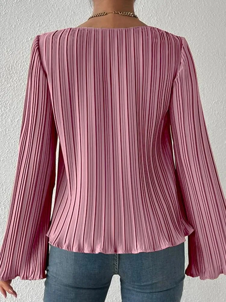 ZANZEA Women's Bell Long Sleeve Tops Lettuce Trim Pleated Loose Fit Shirt 70S Blouse