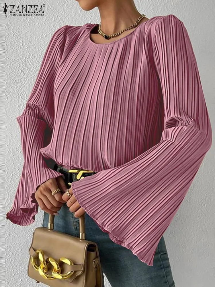 ZANZEA Women's Bell Long Sleeve Tops Lettuce Trim Pleated Loose Fit Shirt 70S Blouse