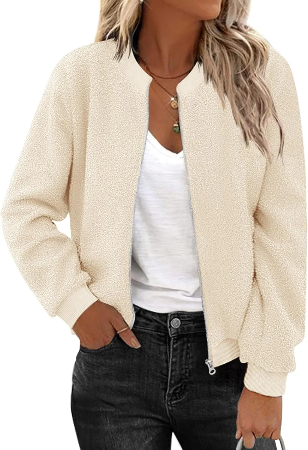 Zeagoo Women's Sherpa Fleece Jacket Long Sleeve Faux Fuzzy Casual Zip Up Bomber Coat With Pocket S-XXL