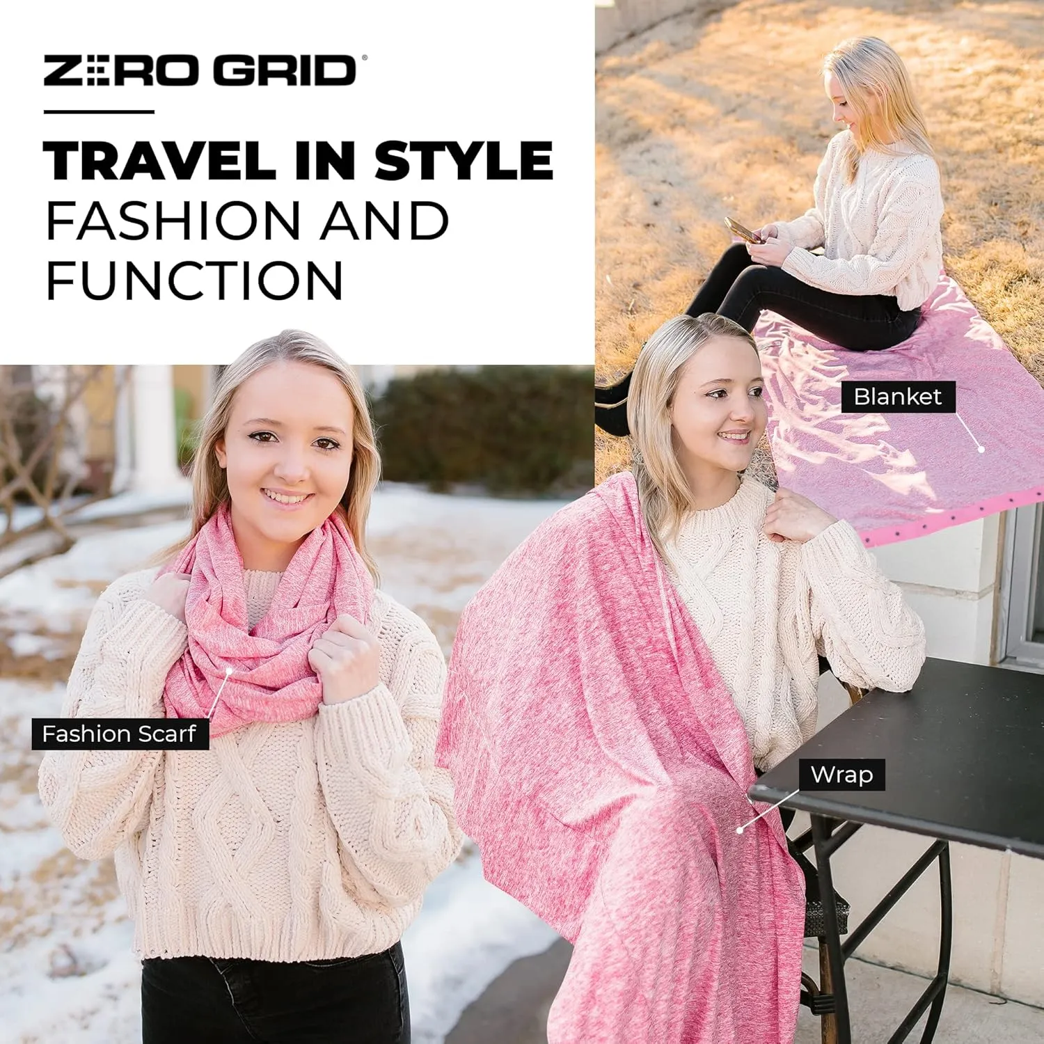 Zero Grid Infinity Travel Scarf Loop with Hidden Zipper Pockets for Passport, Phone, Cash, Cards