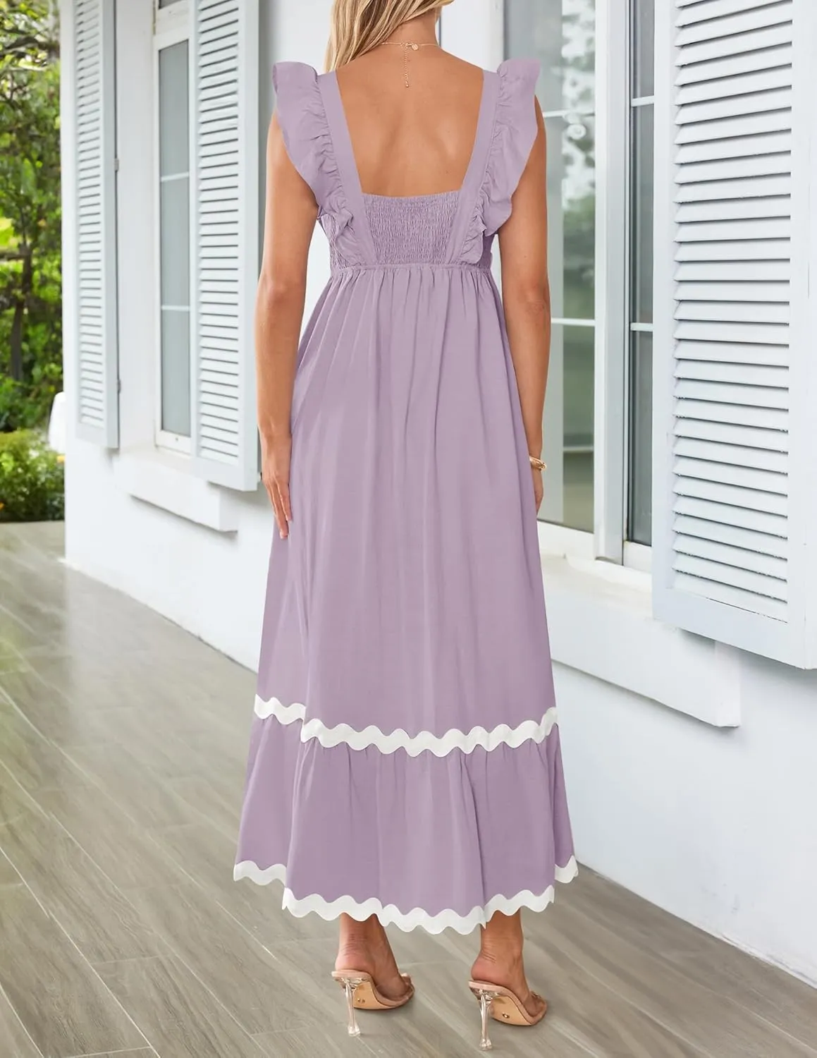 ZESICA Women's Summer Sleeveless Ruffle Dresses Square Neck Backless Boho Flowy Maxi Sundress with Pockets