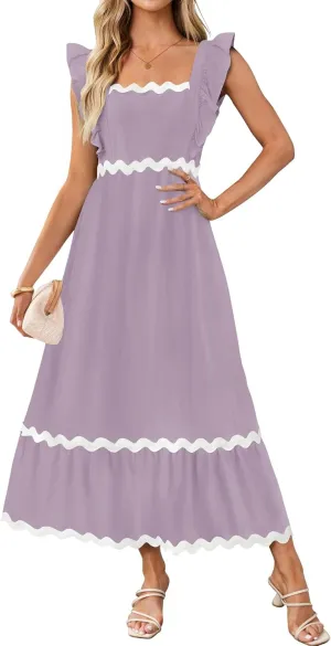 ZESICA Women's Summer Sleeveless Ruffle Dresses Square Neck Backless Boho Flowy Maxi Sundress with Pockets