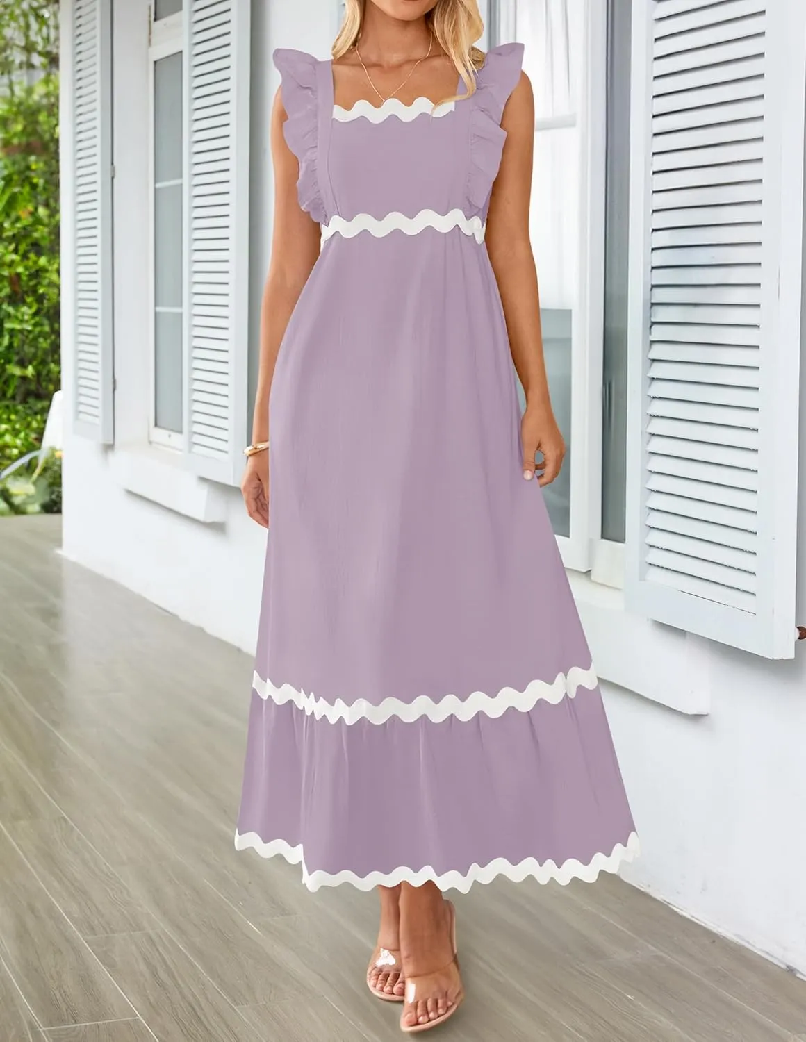 ZESICA Women's Summer Sleeveless Ruffle Dresses Square Neck Backless Boho Flowy Maxi Sundress with Pockets