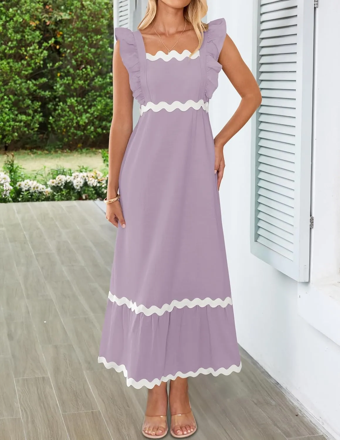 ZESICA Women's Summer Sleeveless Ruffle Dresses Square Neck Backless Boho Flowy Maxi Sundress with Pockets