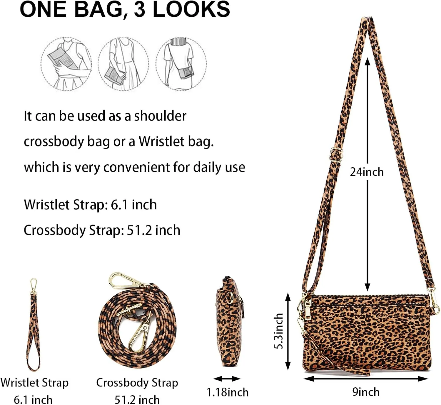 ZOOEASS Triple Zip Small Crossbody Bag Lightweight Purses Vegan Leather Wristlet Clutch, Includes Adjustable Shoulder
