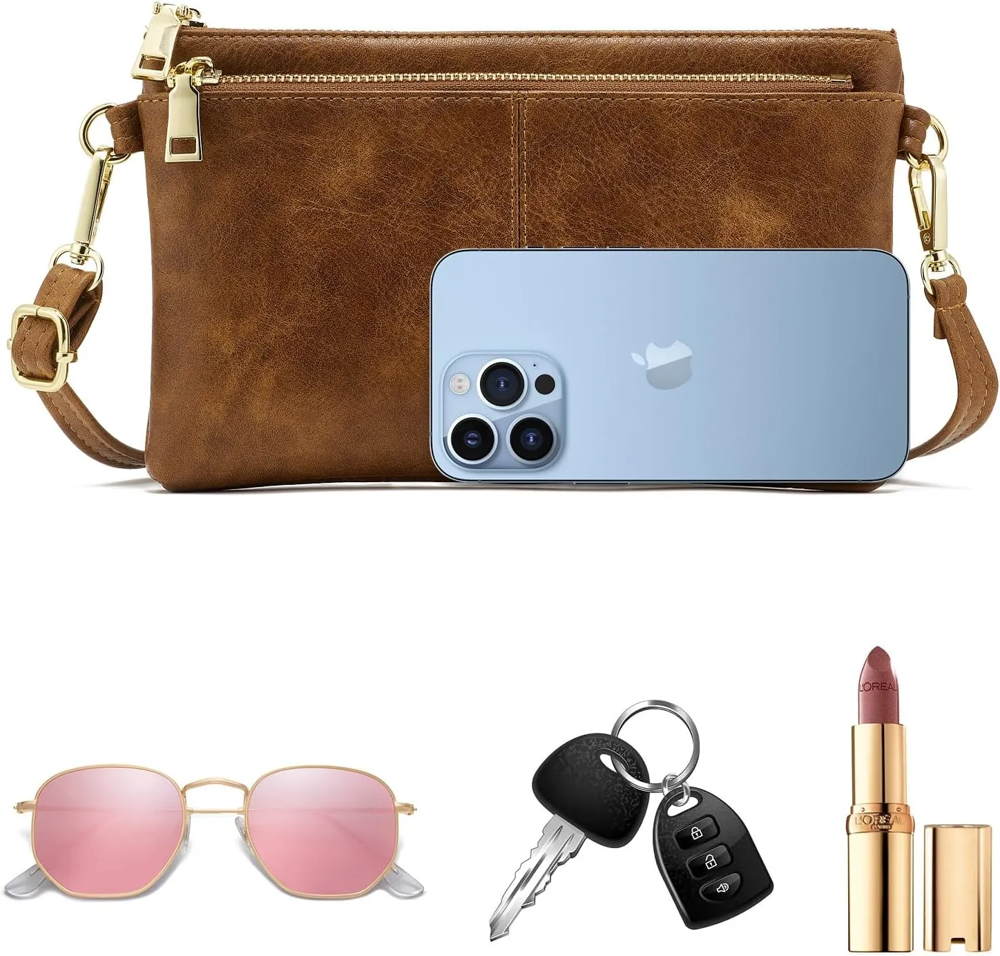 ZOOEASS Triple Zip Small Crossbody Bag Lightweight Purses Vegan Leather Wristlet Clutch, Includes Adjustable Shoulder