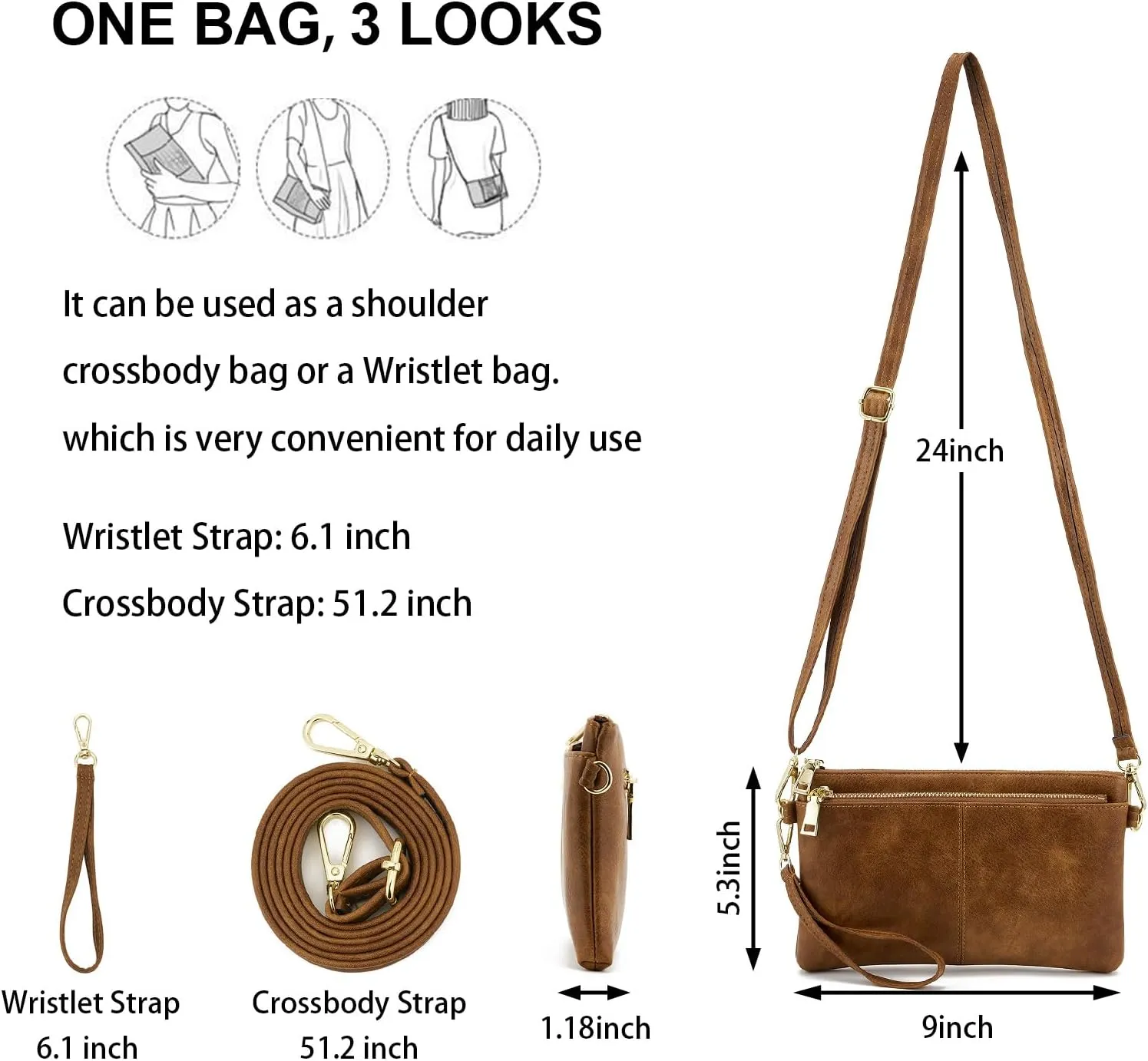 ZOOEASS Triple Zip Small Crossbody Bag Lightweight Purses Vegan Leather Wristlet Clutch, Includes Adjustable Shoulder