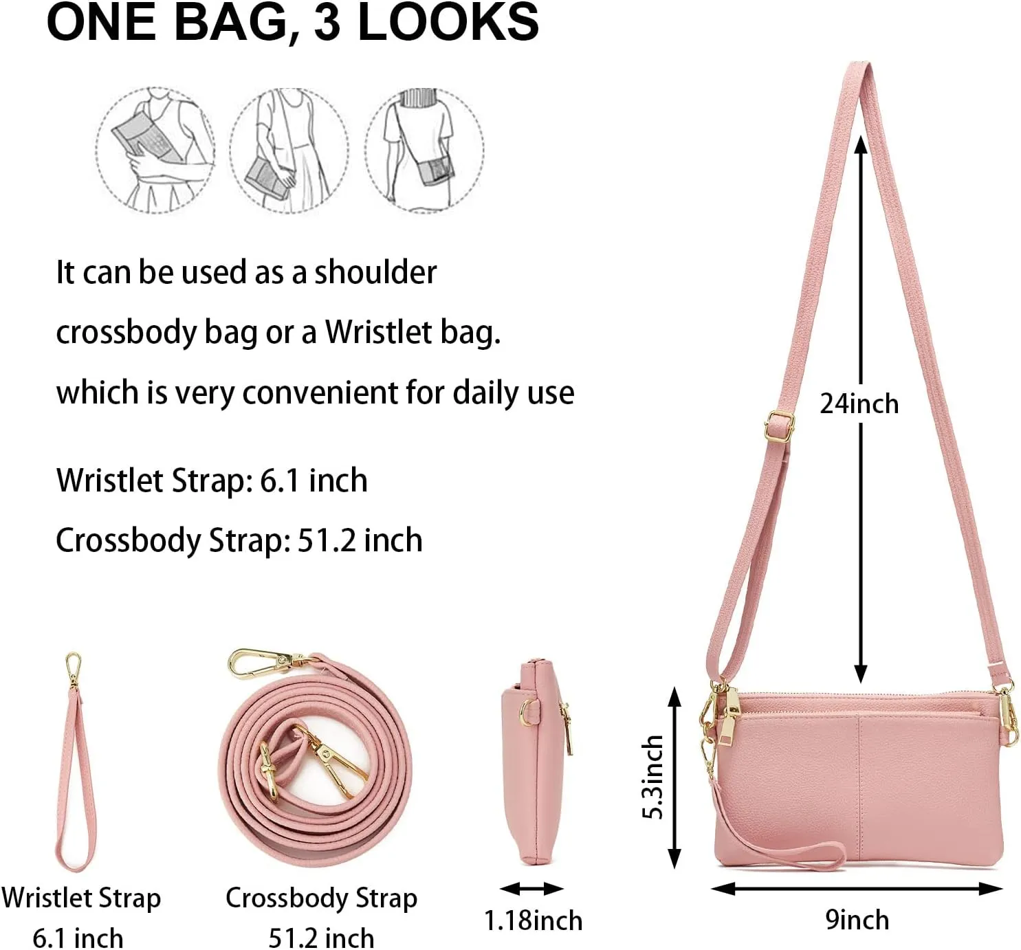 ZOOEASS Triple Zip Small Crossbody Bag Lightweight Purses Vegan Leather Wristlet Clutch, Includes Adjustable Shoulder