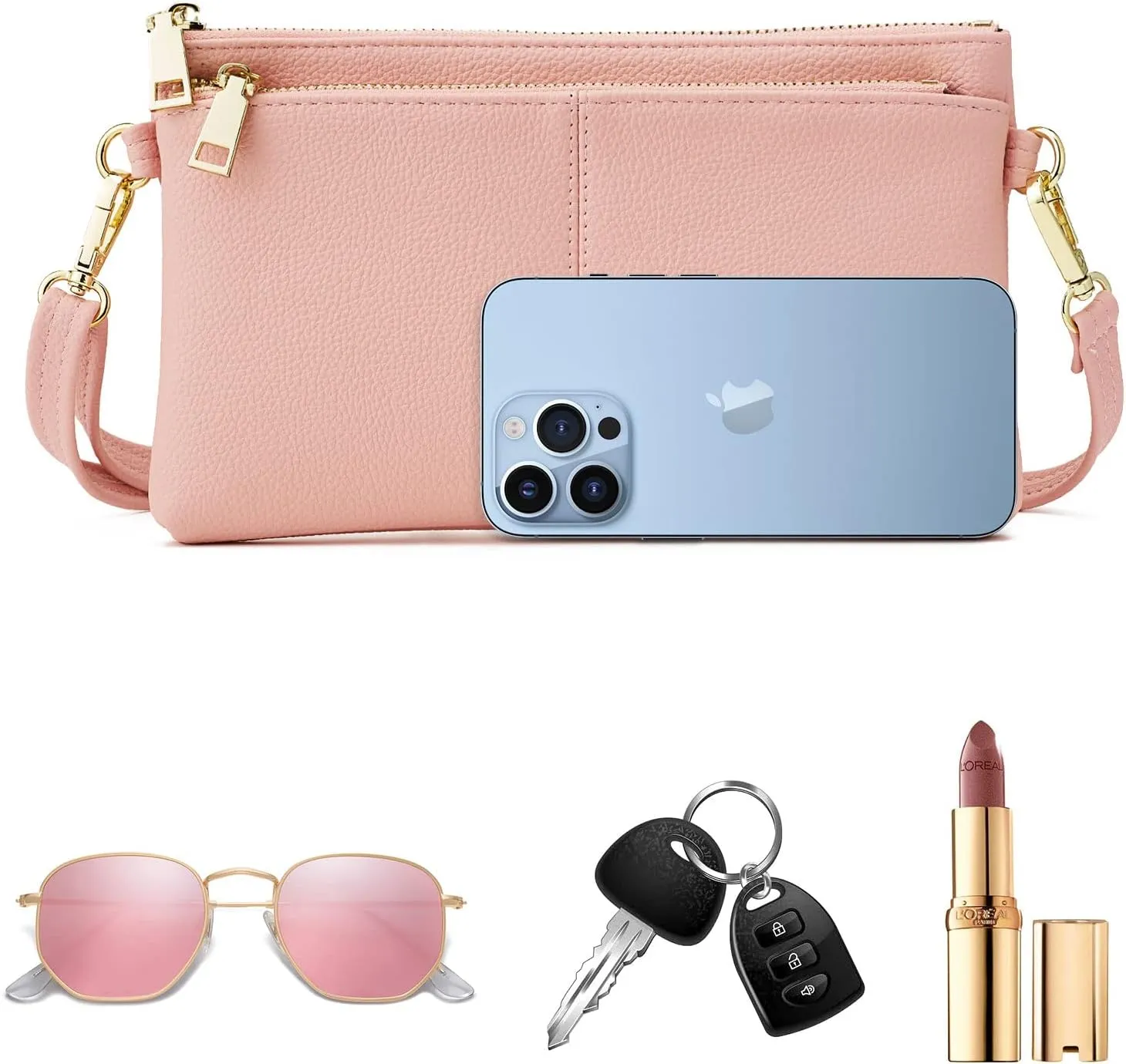 ZOOEASS Triple Zip Small Crossbody Bag Lightweight Purses Vegan Leather Wristlet Clutch, Includes Adjustable Shoulder
