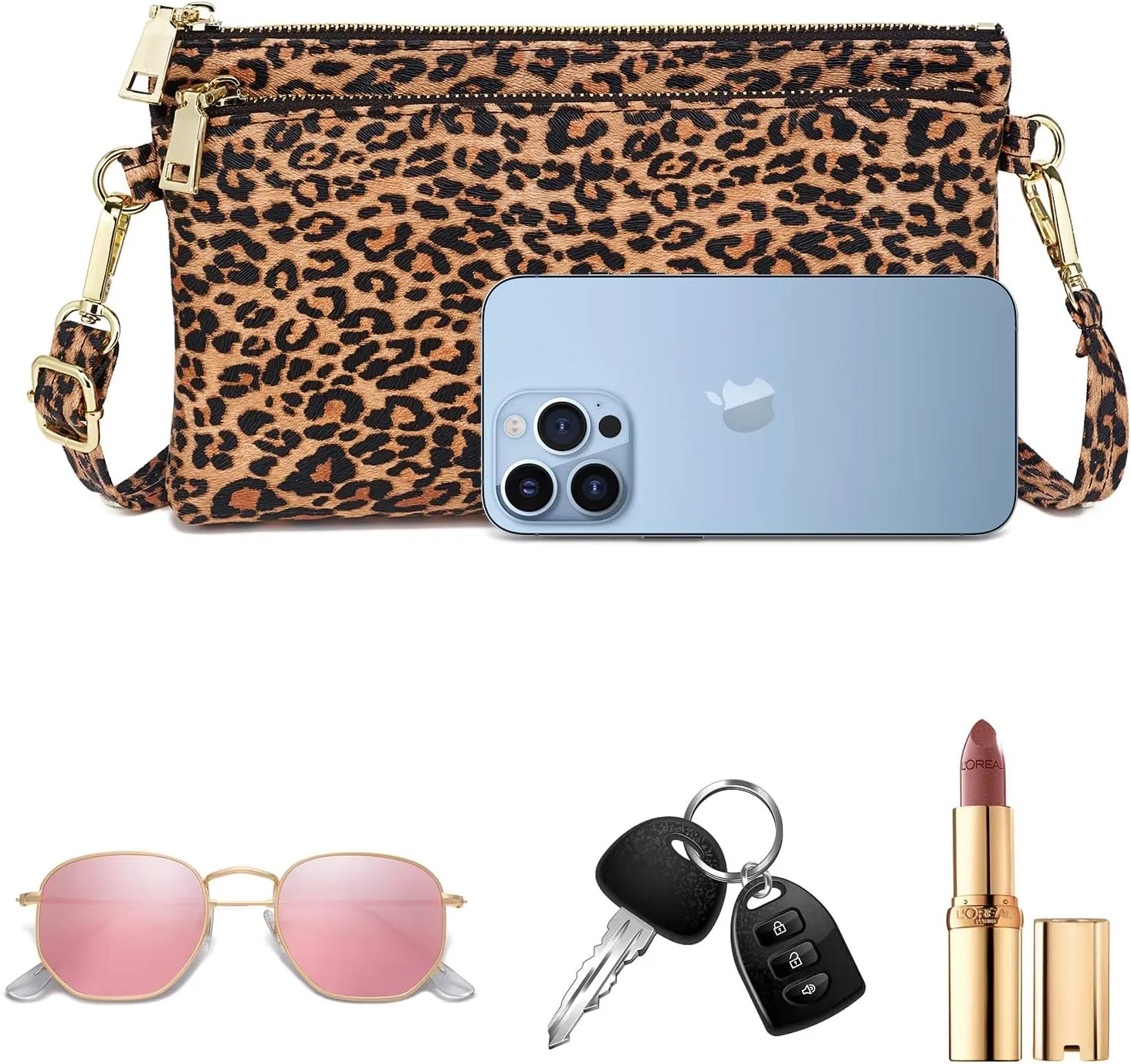 ZOOEASS Triple Zip Small Crossbody Bag Lightweight Purses Vegan Leather Wristlet Clutch, Includes Adjustable Shoulder
