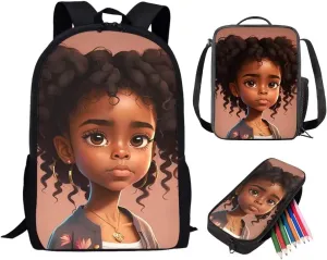 ZOUTAIRONG African Afro Girl Backpack with Lunch Box American School Backpack Lunch Bag Magic Bookbag for Elementary Middle School Bag with Pencil Case Pouch for 5th Grade Angel Princess Book Bag