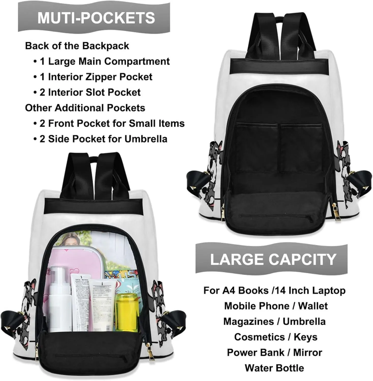 ZZKKO Cute Schnauzer Dog Backpack Purse for Women Rucksack Anti Theft Fashion Travel Lightweight Ladies Shoulder Bag
