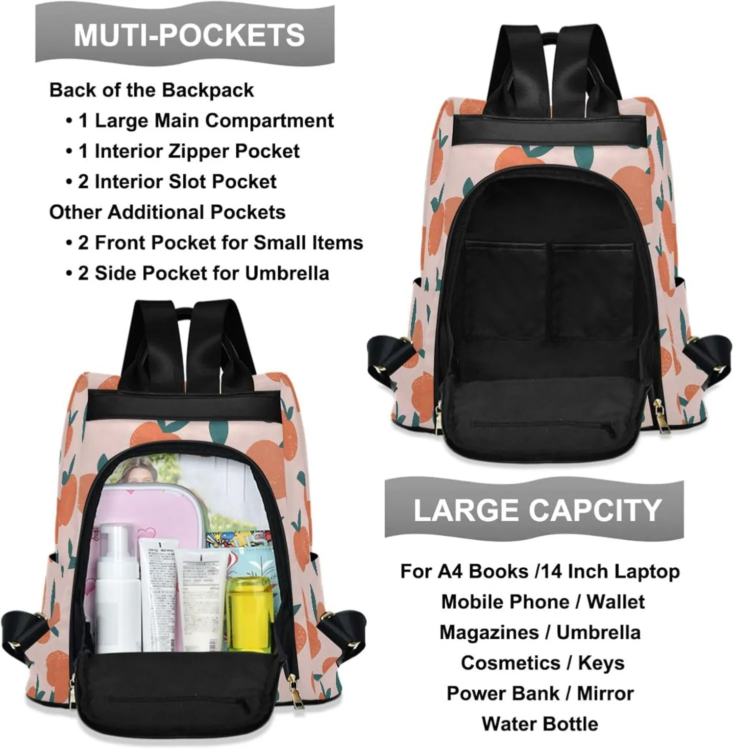 ZZKKO Peaches Backpack Purse for Women Rucksack Anti Theft Fashion Travel Lightweight Ladies Shoulder Bag